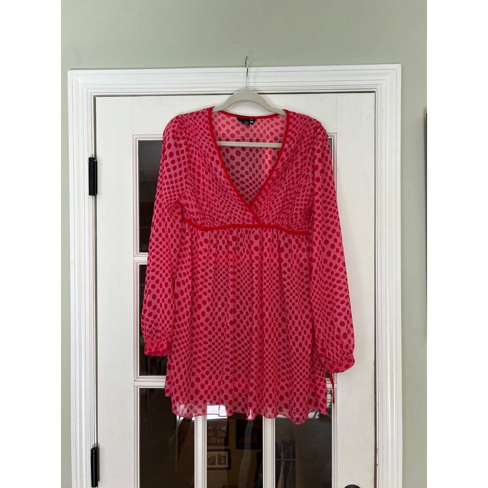 EUC H&M Fuchsia Balloon Sleeve Tunic Pink dots baby doll style Sz US 4 Sheer